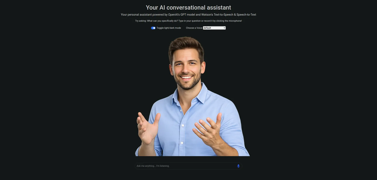 AI conversational agent web interface with an avatar